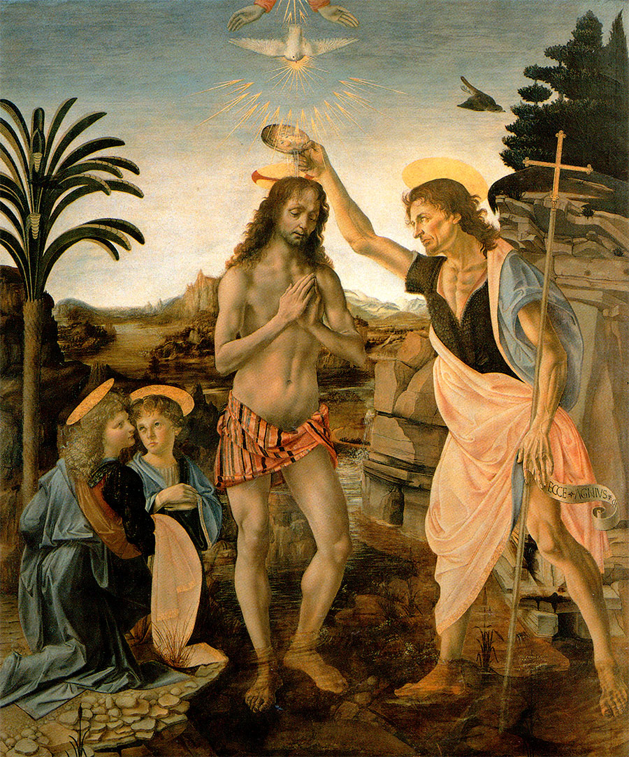 Leonardo da Vinci - Bautismo de Cristo, de Verrocchio (detalle del ángel y el paisaje) 