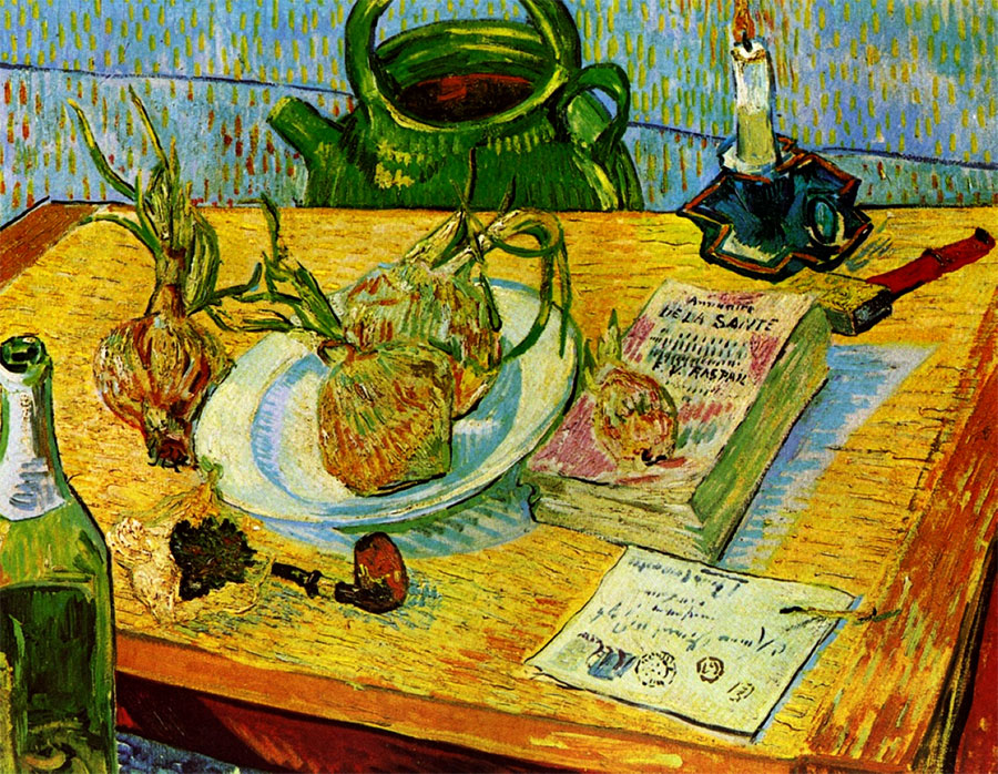 Vincent van Gogh - Naturaleza muerta con mesa de dibujo, pipa, cebollas y cera 