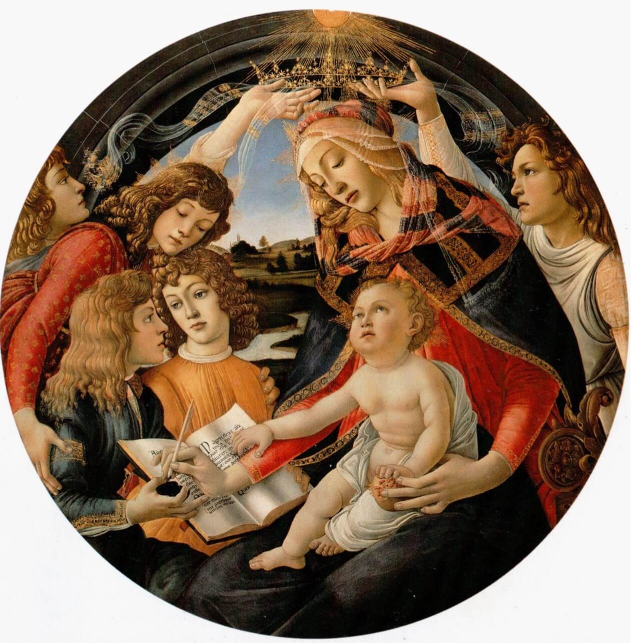 Virgen con el Niño y cinco ángeles (Virgen del Magnificat) – Sandro Botticelli, 1481, Renacimiento italiano