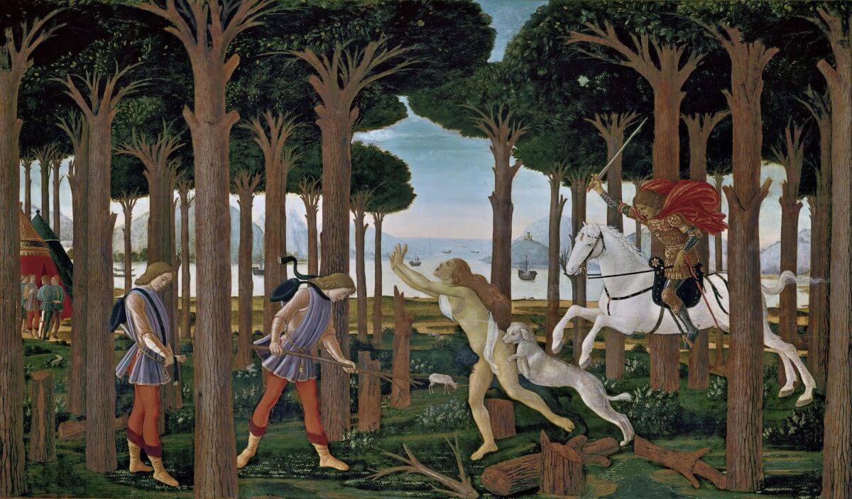 Nastagio degli Onesti I – Sandro Botticelli, 1483, Renacimiento italiano