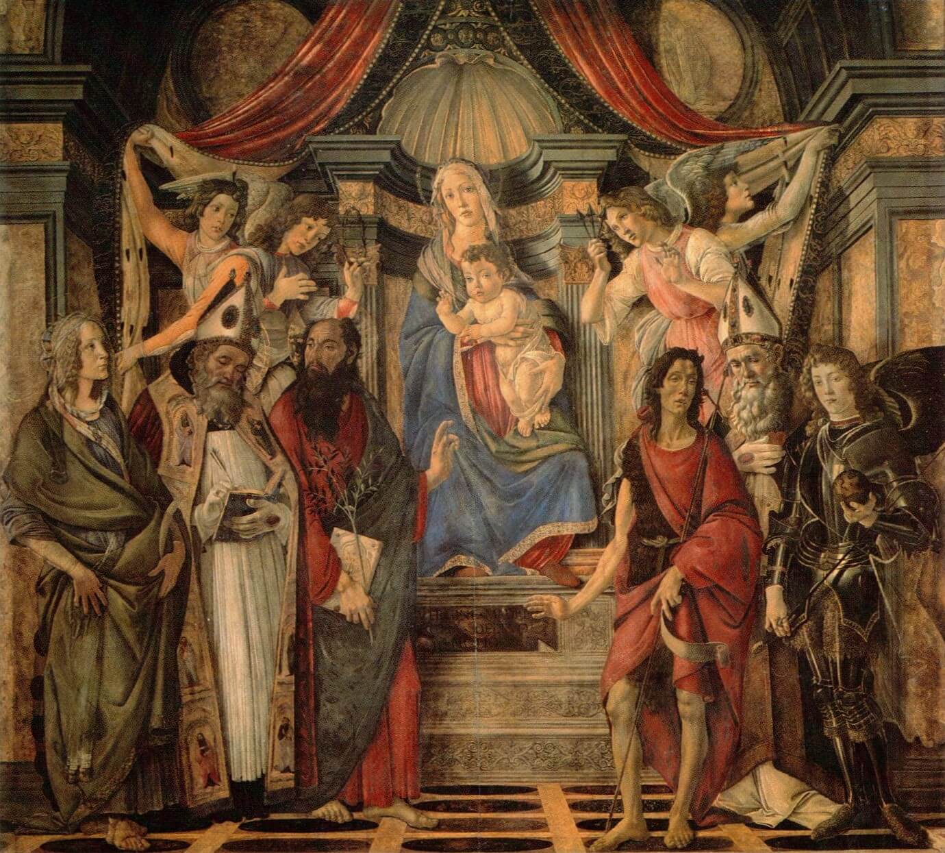 Virgen entronizada con el Niño, santa Catalina de Alejandría, san Bernabé, san Juan Bautista, san Ignacio y san Miguel Arcángel (Pala de San Bernabé) – Sandro Botticelli, 1487, Renacimiento italiano