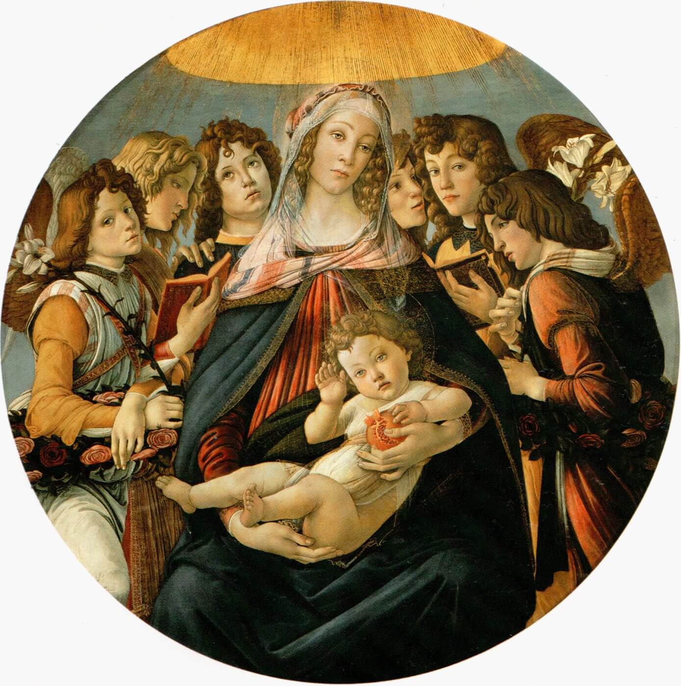 Virgen con el Niño y seis ángeles (Virgen de la granada) – Sandro Botticelli, 1487, Renacimiento italiano