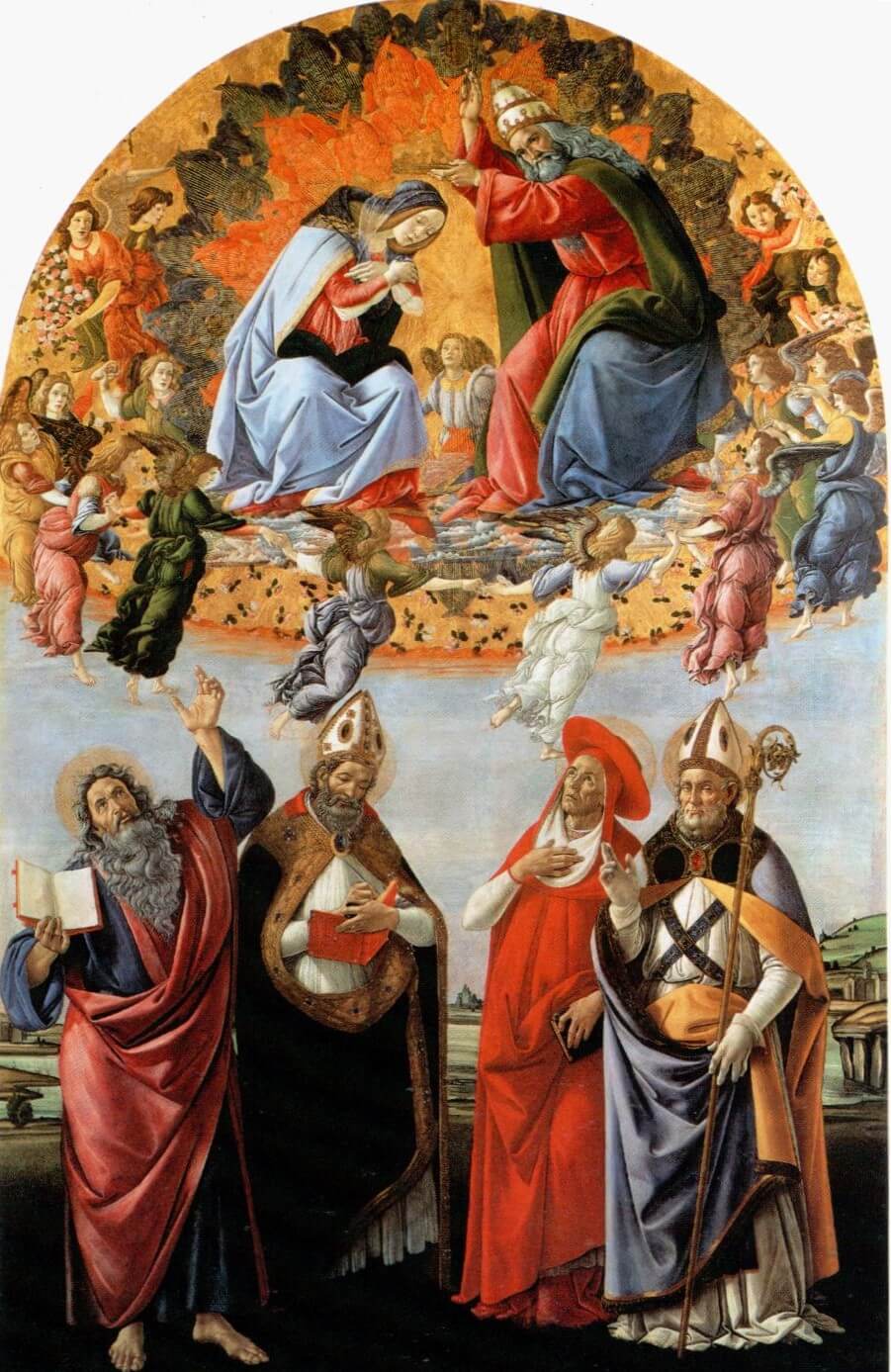 Coronación de la Virgen con san Juan Evangelista, san Agustín, san Jerónimo y san Eligio (Pala de San Marcos) – Sandro Botticelli, 1488-1490, Renacimiento italiano
