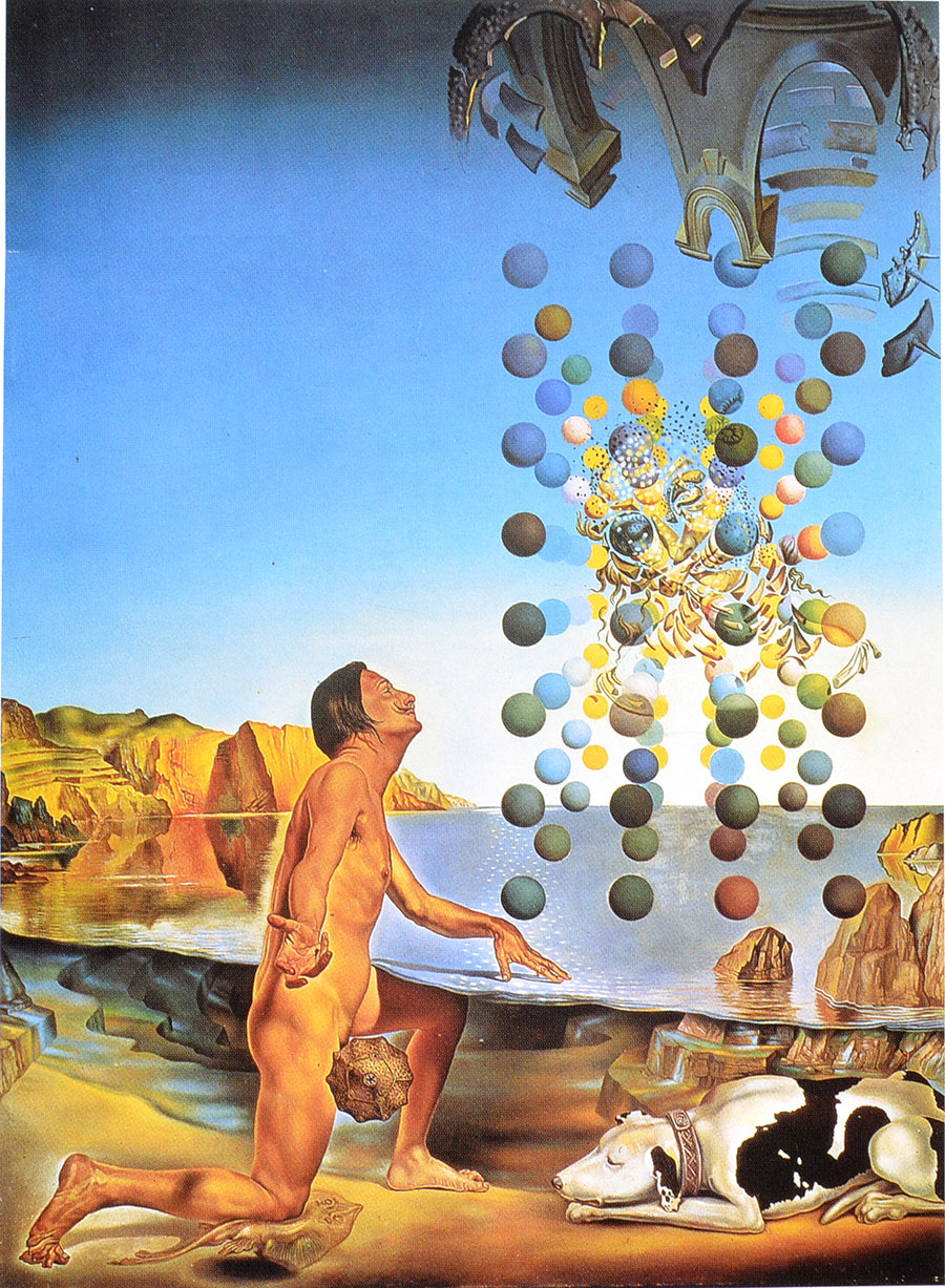 Dalí - Dalí desnudo en contemplación delante de cinco cuerpos regulares metamorfoseados en corpúsculos, en los cuales aparece repentinamente la Leda de Leonardo cromosomizada en el rostro de Gala 