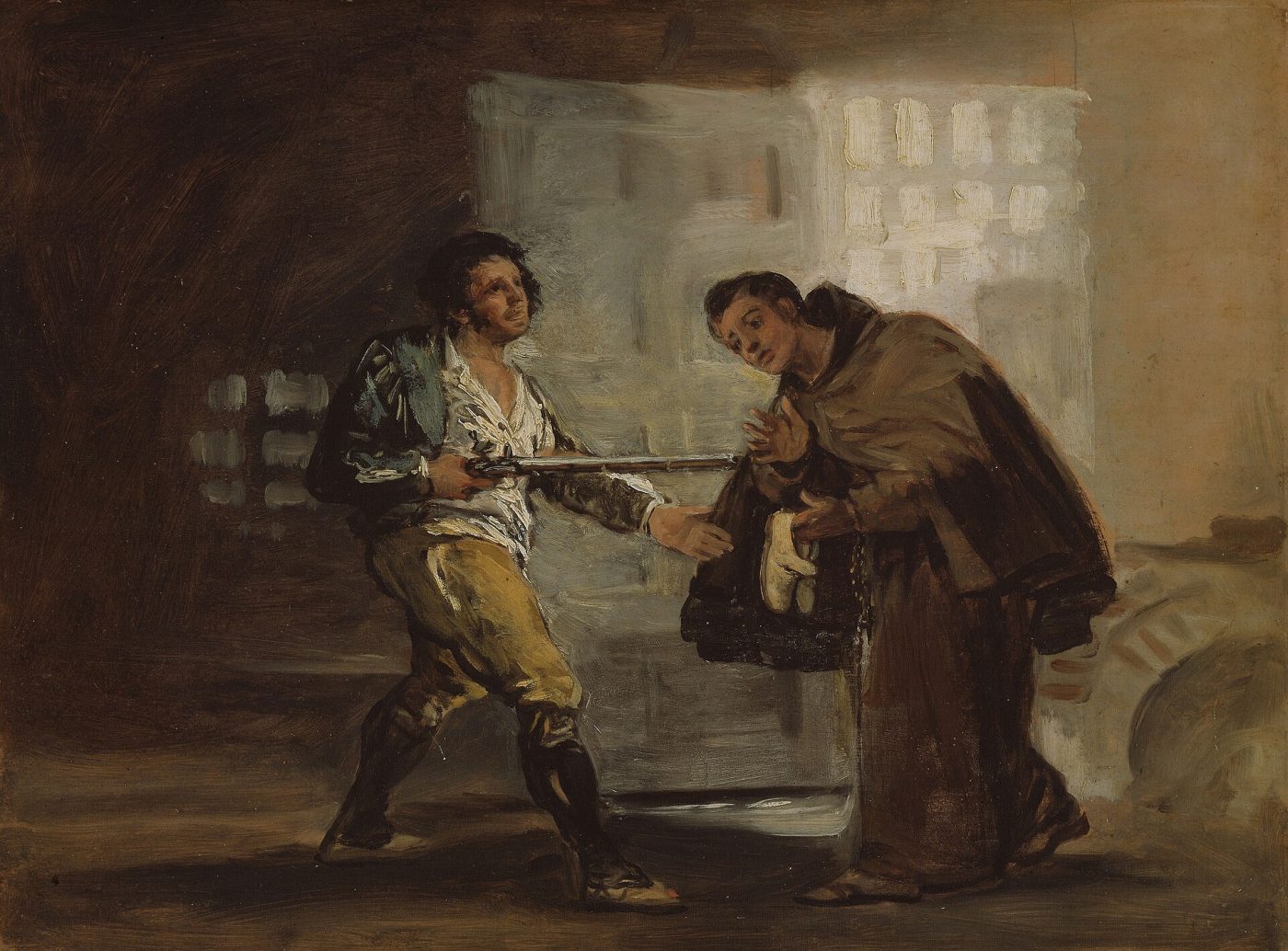 Friar Pedro ofrece zapatos para el Maragato y se prepara para hacer a un lado su arma – Francisco de Goya, hacia 1806, Romanticismo
