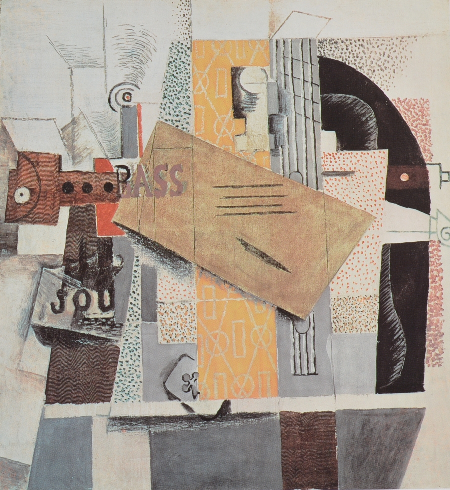 Picasso - Botella de Bass, clarinete, guitarra, violín, periódico y as de tréboles 