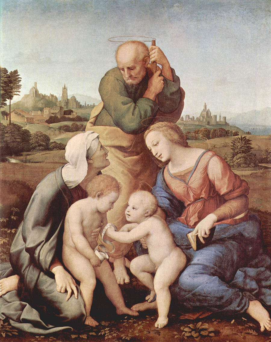 Rafael Sanzio - Virgen con el Niño, san José, santa Isabel y san Juanito (Sagrada Familia Canigani) 