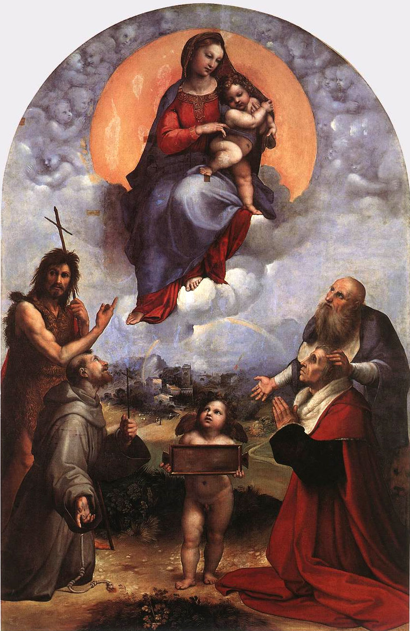 Rafael Sanzio - Virgen con el Niño, los santos Juan Bautista, Francisco y Jerónimo y el donante Segismundo dei Conti (Madonna de Foligno) 