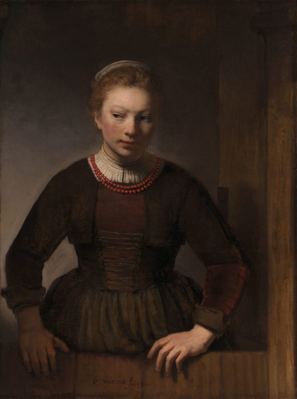 Joven mujer en una puerta entreabierta – Rembrandt Harmenszoon van Rijn, 1645, Barroco holandés